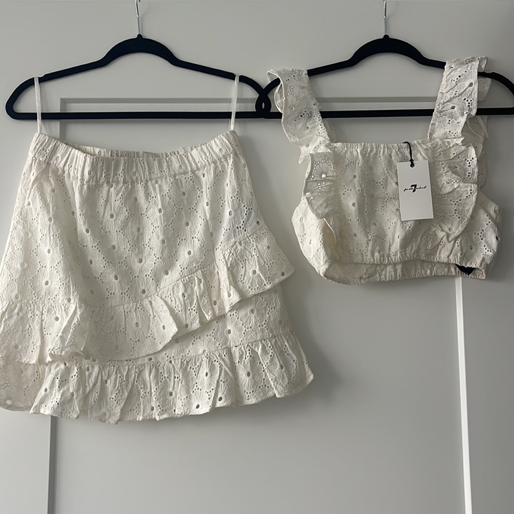 7 For All Mankind White Eyelet Skirt and Crop Top Set, Large, NWT
